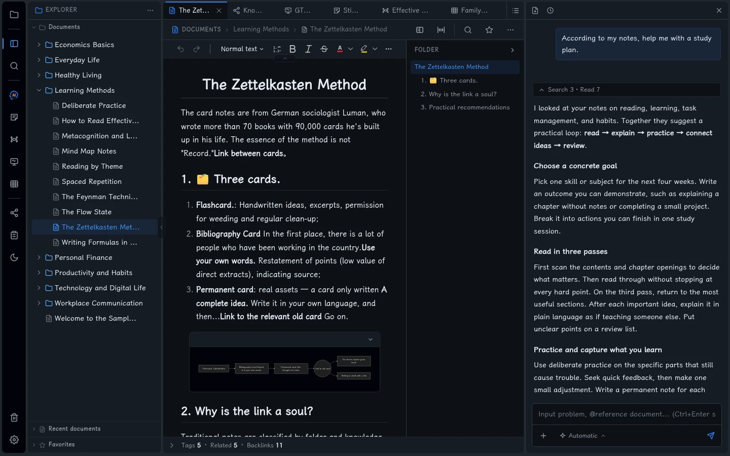 Fluid Wiki AI assistant displaying a study-plan conversation from English demo vault