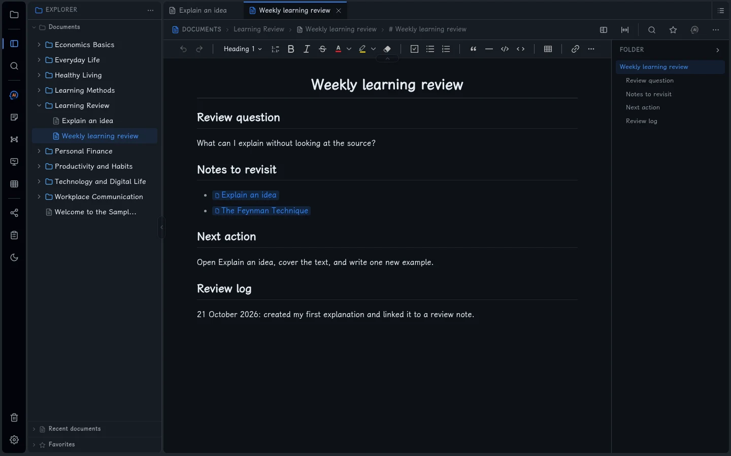 Weekly learning review:链接到解释笔记和已有的 The Feynman Technique 示例。